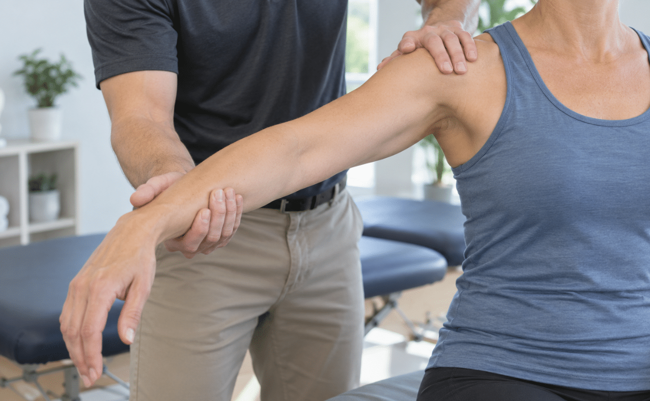 Chiropractor treating patient with frozen shoulder